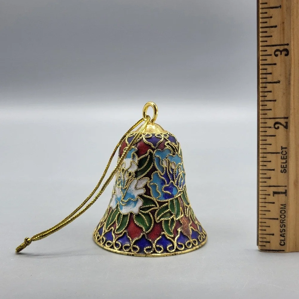 Cloisonne Bell Ornament Floral Enamel Filigree Blue Red Gold Holiday Decor